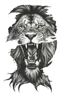 dark serious front lion face with fangs showing and a scar on his right blind eye tattoo design idea