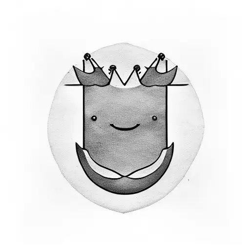 A minimalist tattoo of a whale with a crown on its head, representing the client's love for both BTS and their favorite sea creature, the sneraldo whale. tattoo design idea