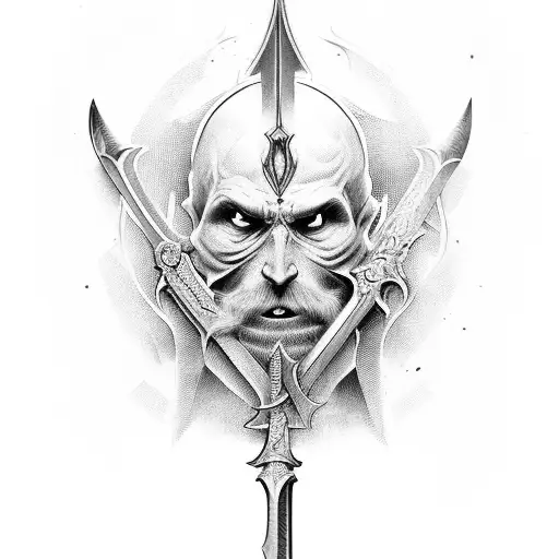 A detailed portrait of The Penitent One from Blasphemous wielding his sword, surrounded by dark and eerie elements tattoo design idea