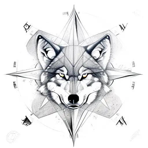 compass with wolf tattoo design idea