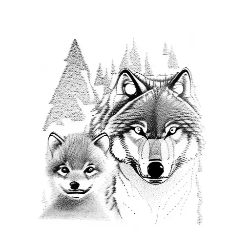 Mother wolf and baby cub in a serene mountain landscape tattoo design idea