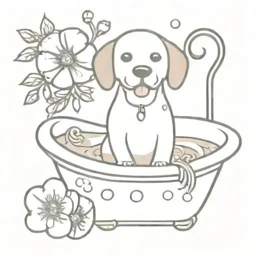 dog in bathtub bubbles flowers scissors  tattoo design idea