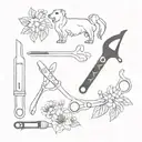 dog grooming tools intertwined with floral tattoo design idea
