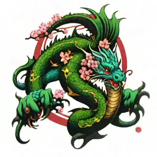 a blue and green dragons surrouded by cherry blossom tree tattoo design idea