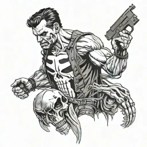 marvel punisher standing on skulls with gunns in hand  tattoo design idea