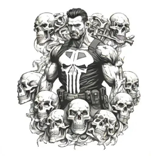 marvel punisher standing on skulls surrounded tattoo design idea