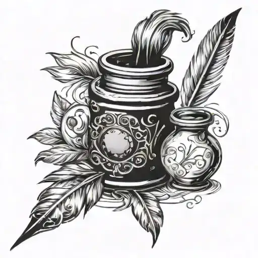 ink pot with feather pen writing tattoo design idea