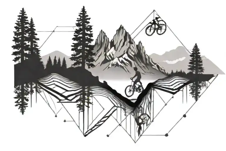 black and white tattoo, mountain at the bottom, mountain biker silhouette, DNA  tattoo design idea