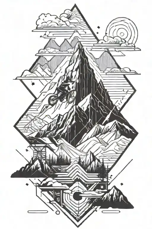 black and white tattoo design with mountain at the bottom, geometric designs leading up to mountain biker silhouette, DN tattoo design idea