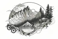 black and white tattoo design with mountain at the bottom, geometric designs leading up to mountain biker silhouette, DN tattoo design idea