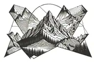 black and white tattoo design with mountain at the bottom, geometric designs leading up to mountain biker silhouette, DN tattoo design idea