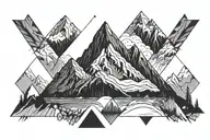 black and white tattoo design with mountain at the bottom, geometric designs leading up to mountain biker silhouette, DN tattoo design idea