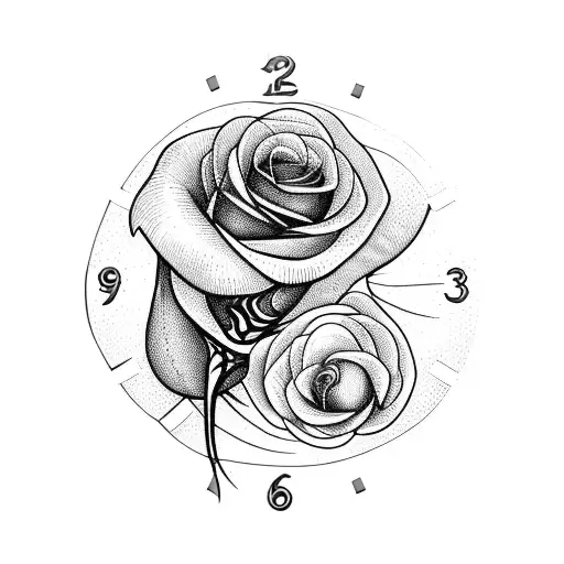 clock with rose and feather  tattoo design idea