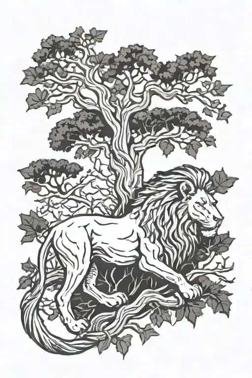 lion and oak tree intertwined within tattoo design idea