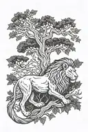 lion and oak tree intertwined within tattoo design idea