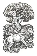 lion and oak tree intertwined within tattoo design idea
