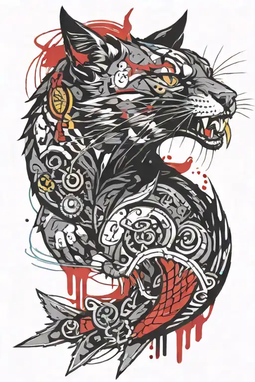 angry cat snarling with dagger  tattoo design idea