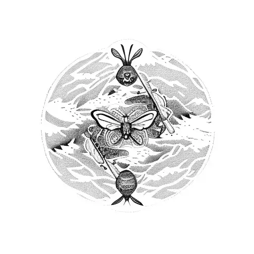 A mystical Pisces zodiac symbol with butterfly intertwined with desert cacti and mountains tattoo design idea