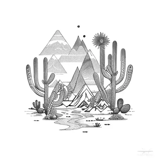 A mystical Pisces zodiac symbol with  intertwined with desert cacti and mountains tattoo design idea