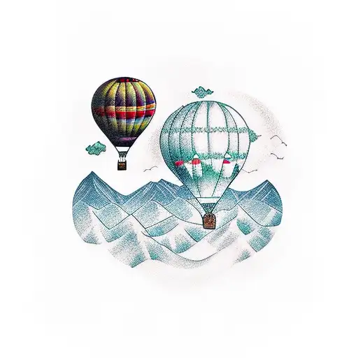 A vibrant new-school tattoo of a majestic Italian landscape with a hot air balloon floating above tattoo design idea