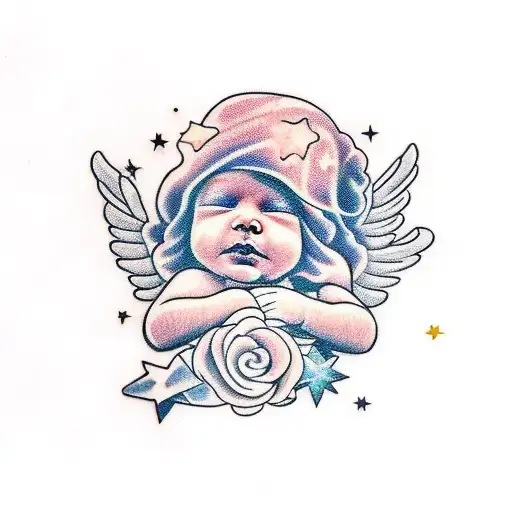 memory of own dead newborn baby, stars, Love, angel tattoo design idea