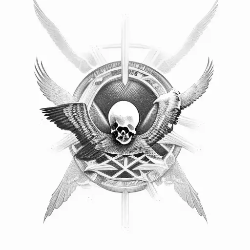 A skull with a medical caduceus symbol integrated into its design, surrounded by soaring eagles tattoo design idea