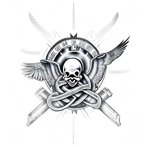 A skull with a medical caduceus symbol integrated into its design, surrounded by soaring eagles tattoo design idea