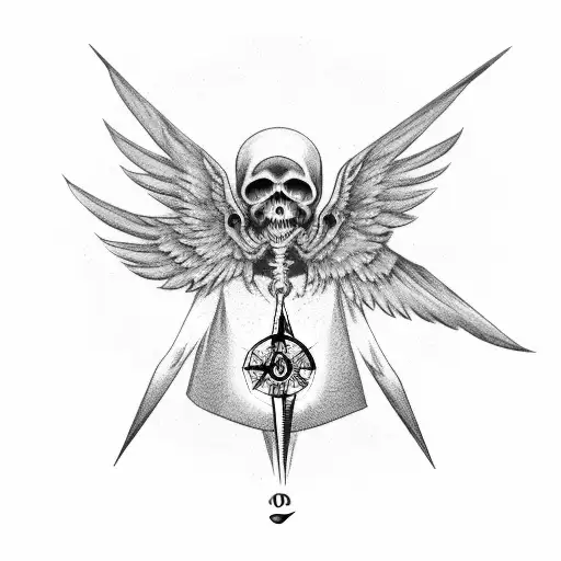 A grim reaper with bird wings and a compass as its heart tattoo design idea