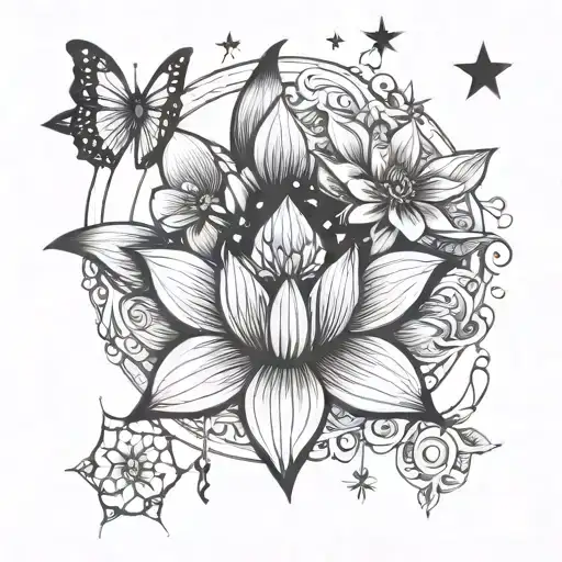 buttefly lotus flower star moon  tattoo design idea