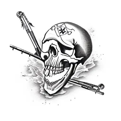 jolly roger skull and crossbones with crossed carp fishing rods tattoo design idea