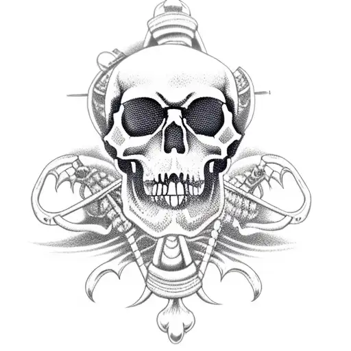 jolly roger skull with crossed carp fishing rods tattoo design idea