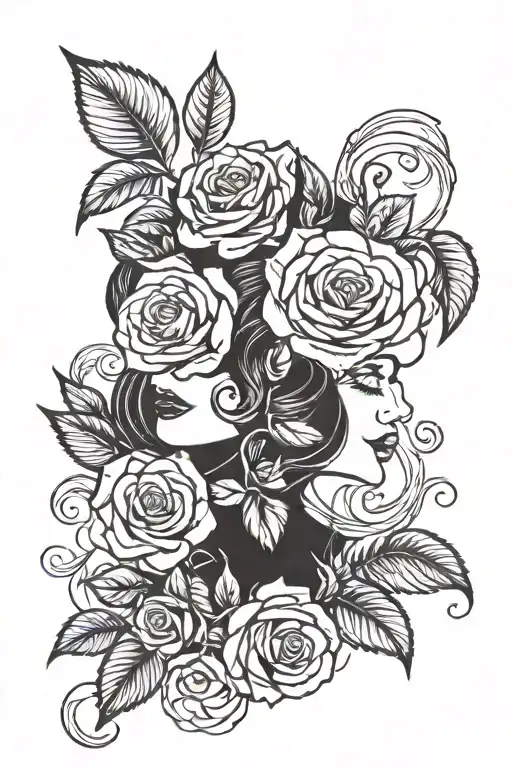 roses and face profile holding tattoo design idea