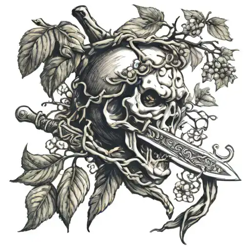 Sanke wrapped around a sword eating an apple tree tattoo design idea