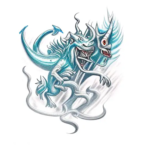 A refrigeration engineer battling a mythical creature in a tropical rainforest tattoo design idea