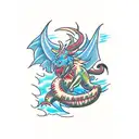 A refrigeration engineer battling a mythical creature in a tropical rainforest tattoo design idea