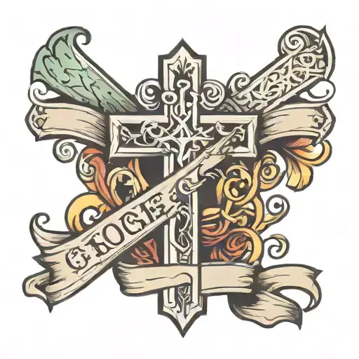 a cross with a banner intertwined. tattoo design idea