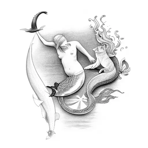 A black-grey tattoo of a Renaissance painting featuring a cat and a mermaid swimming together in the ocean tattoo design idea