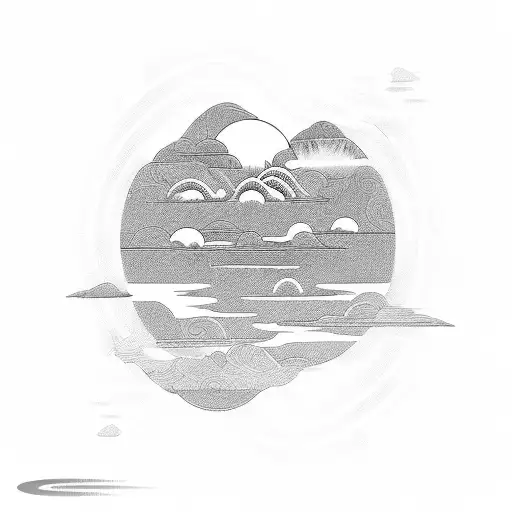 A serene landscape tattoo with flowing chi energy depicted through abstract lines and shapes, symbolizing the practice of chi gong tattoo design idea