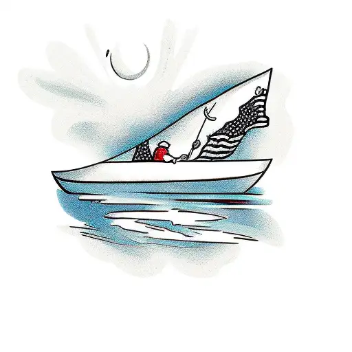 A sketch of a canoe with an adult and a child fishing together tattoo design idea