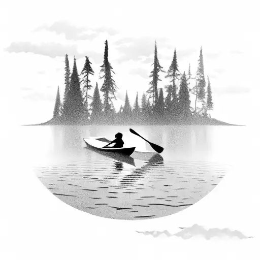 A silhouette of a canoe floating on calm waters with an adult and a child sitting inside tattoo design idea