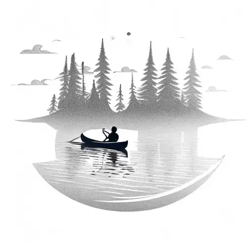 A silhouette of a canoe floating on calm waters with an adult and a child sitting inside tattoo design idea