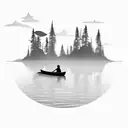 A silhouette of a canoe floating on calm waters with an adult and a child sitting inside tattoo design idea
