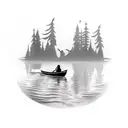 A silhouette of a canoe floating on calm waters with an adult and a child sitting inside tattoo design idea
