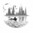 A silhouette of a canoe floating on calm waters with an adult and a child sitting inside tattoo design idea