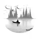 A silhouette of a canoe floating on calm waters with an adult and a child sitting inside tattoo design idea