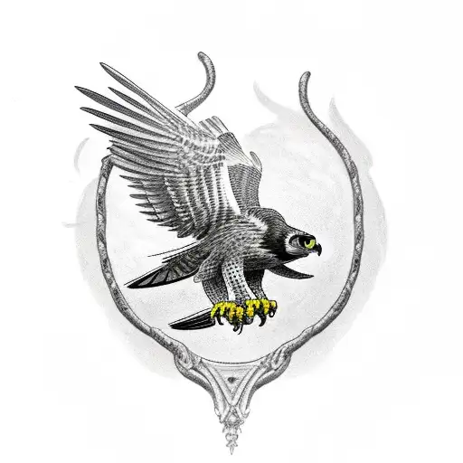 Fierce falcon perched on a hunting bow tattoo design idea