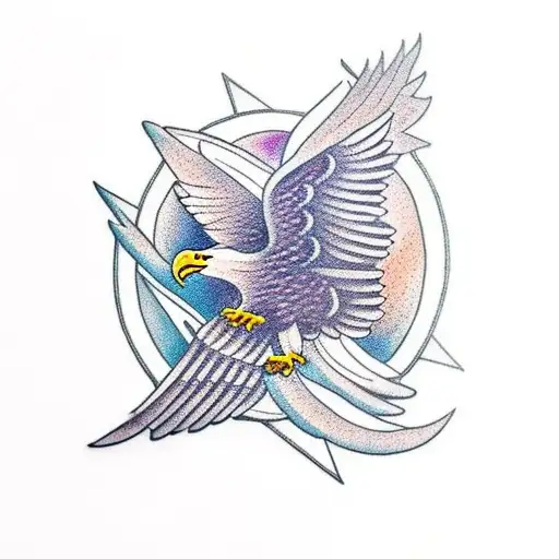 An intricate eagle soaring over a serene lake tattoo design idea