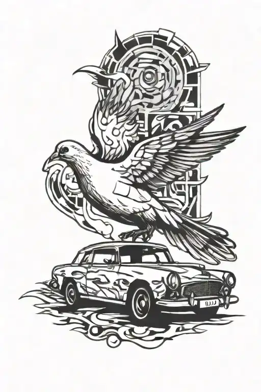 A dove, a car, parental advisory, the number 17, all mixed into a sleeve tattoo design idea