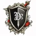 sword and shield with a fancy letter "D" somewhere on the shield tattoo design idea