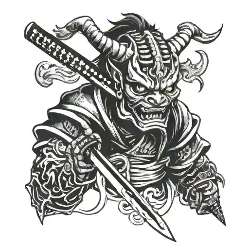 The blade of a katana pierces the mask of a Japanese oni demon vertically from top to bottom tattoo design idea